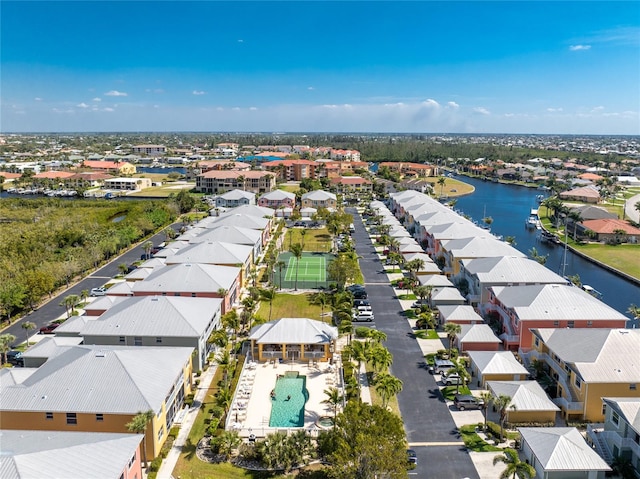 drone / aerial view with a water view