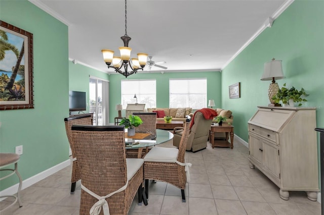 tiled dining room with crown molding and an inviting chandelier