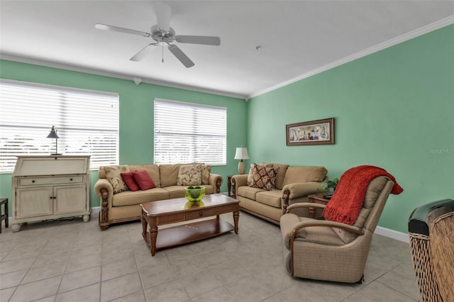 living room with light tile patterned floors, ceiling fan, and crown molding