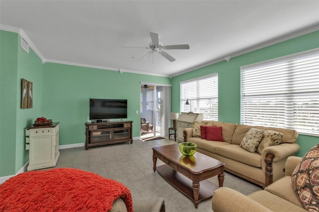 living room featuring ceiling fan, light tile patterned flooring, and crown molding