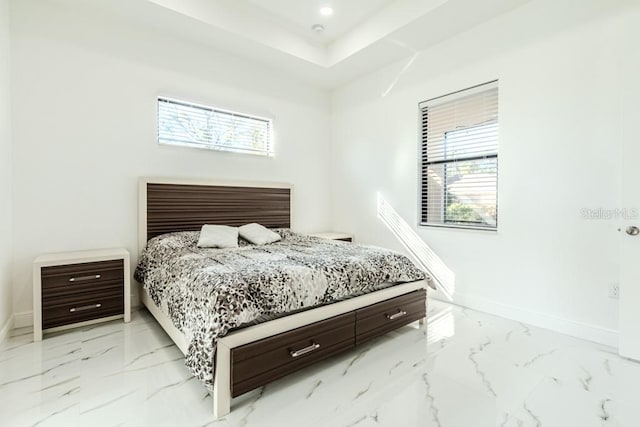 bedroom with a tray ceiling