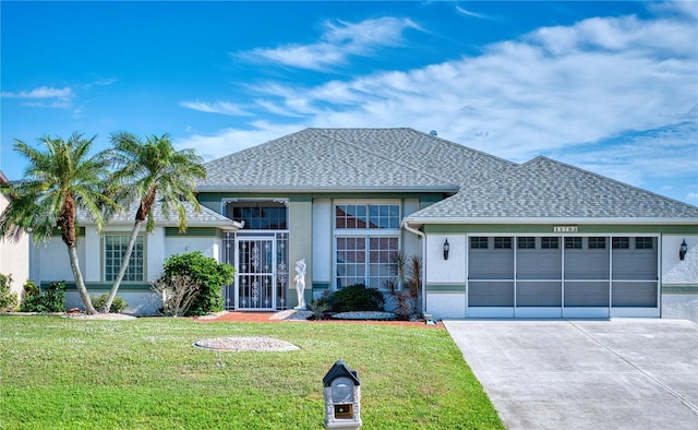 ranch-style house with a front yard and a garage