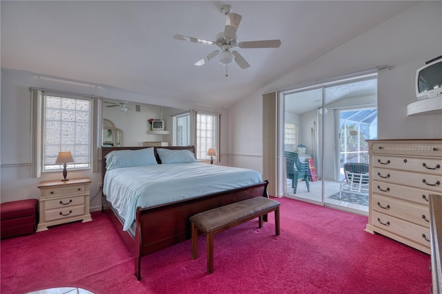 bedroom with access to exterior, ceiling fan, carpet, and lofted ceiling