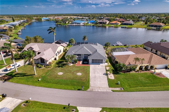 bird's eye view with a water view