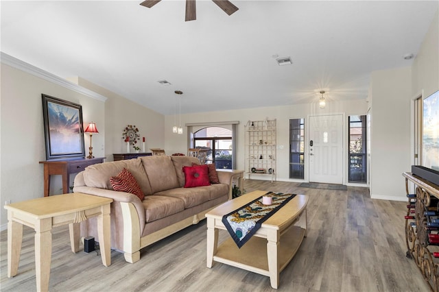 living room featuring hardwood / wood-style flooring and ceiling fan