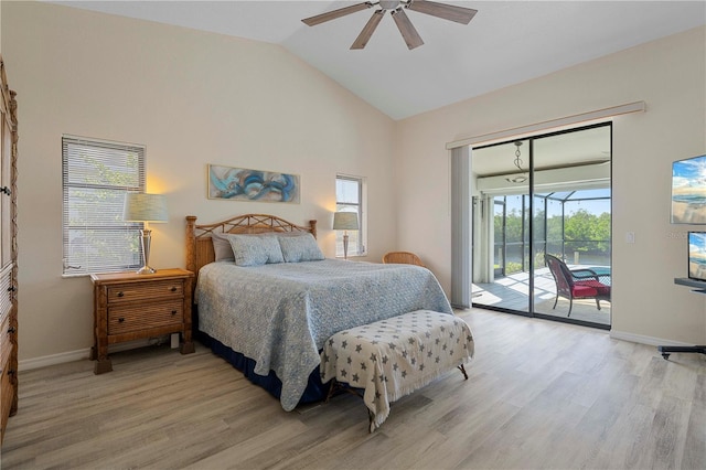 bedroom featuring light wood-type flooring, access to outside, multiple windows, and ceiling fan