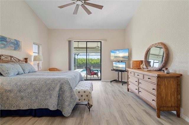 bedroom featuring ceiling fan, light hardwood / wood-style floors, and access to outside