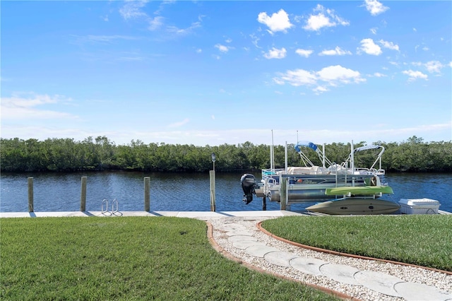 dock area featuring a water view and a yard