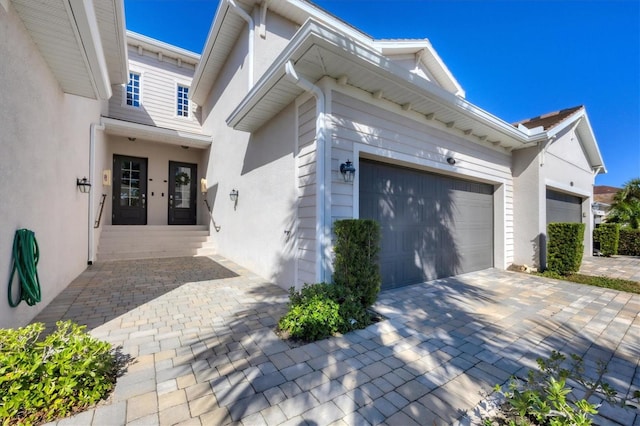 exterior space with a garage