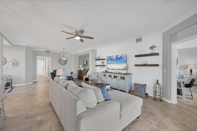 living room with crown molding, light tile patterned floors, and ceiling fan with notable chandelier