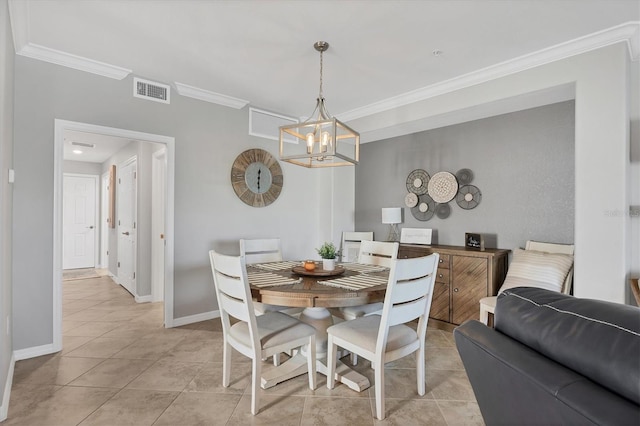 dining space with a notable chandelier, ornamental molding, and light tile patterned floors