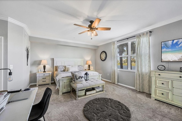 bedroom featuring ceiling fan, light colored carpet, and ornamental molding