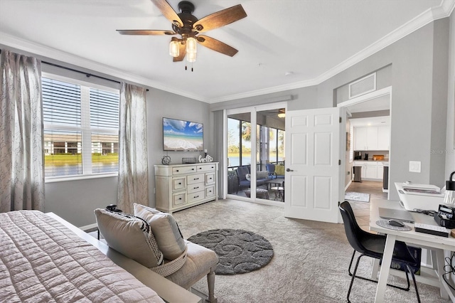 bedroom featuring access to outside, ceiling fan, crown molding, and light colored carpet