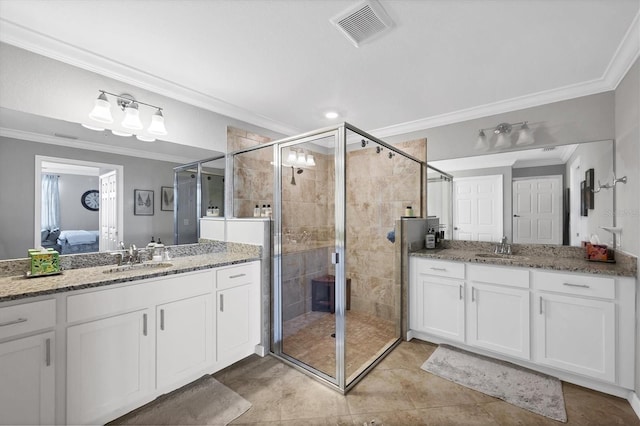 bathroom featuring vanity, walk in shower, and crown molding