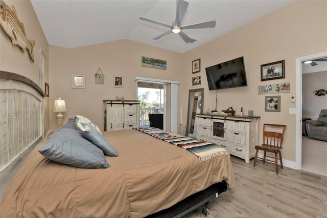 bedroom with ceiling fan, light hardwood / wood-style floors, access to exterior, and lofted ceiling