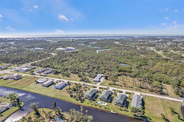 drone / aerial view featuring a water view