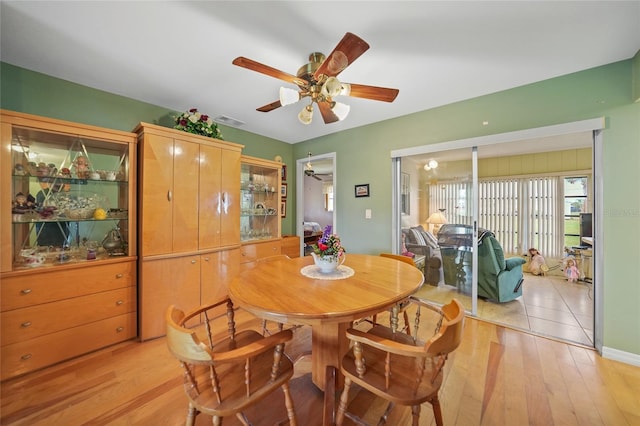 dining room with ceiling fan and light wood-type flooring