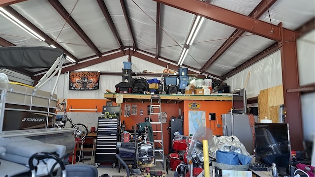 garage with a workshop area