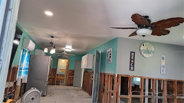 interior space featuring ceiling fan and an AC wall unit