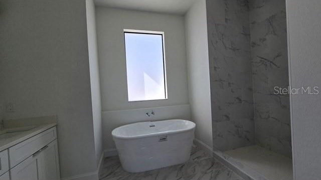 bathroom with plenty of natural light, vanity, and plus walk in shower