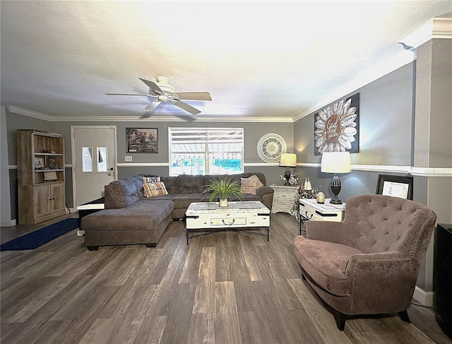 living room with crown molding, hardwood / wood-style floors, and ceiling fan