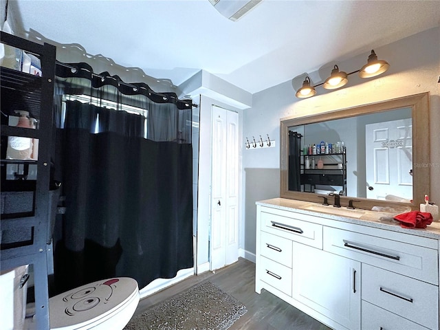 bathroom with vanity, hardwood / wood-style flooring, and toilet