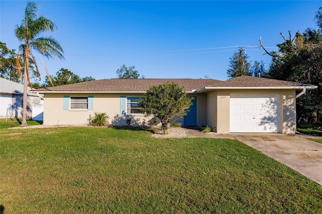 ranch-style house with a front yard and a garage