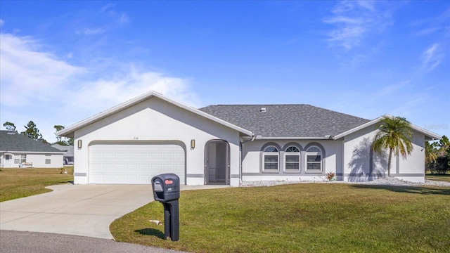 single story home featuring a front yard and a garage