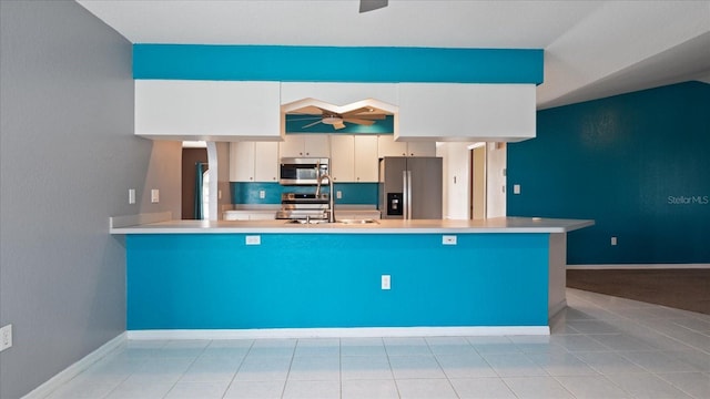 kitchen with kitchen peninsula, stainless steel appliances, white cabinetry, and sink