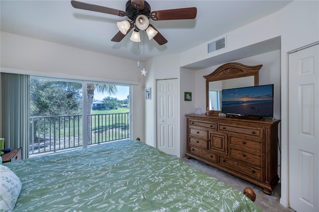 bedroom featuring ceiling fan, access to exterior, and light colored carpet