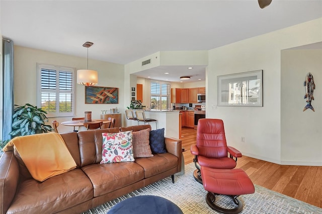 living room with a wealth of natural light and light hardwood / wood-style floors