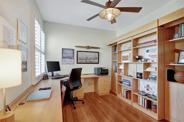 home office featuring ceiling fan and light wood-type flooring