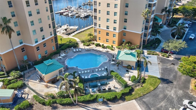 aerial view featuring a water view