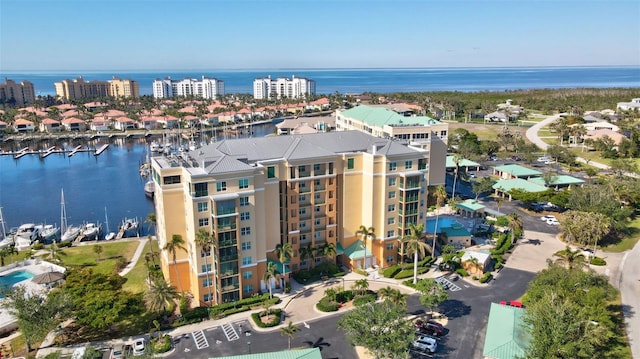 aerial view featuring a water view