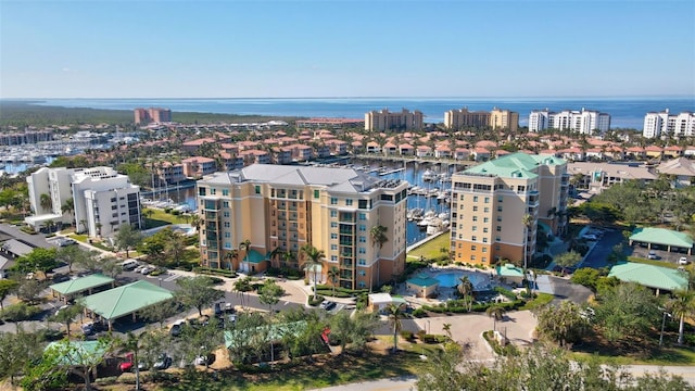 aerial view featuring a water view