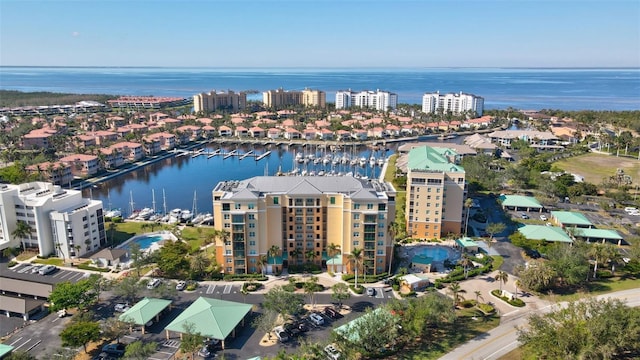 bird's eye view with a water view