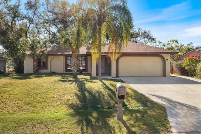 ranch-style house featuring a front yard and a garage