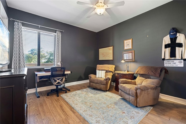 office space featuring ceiling fan and light hardwood / wood-style flooring