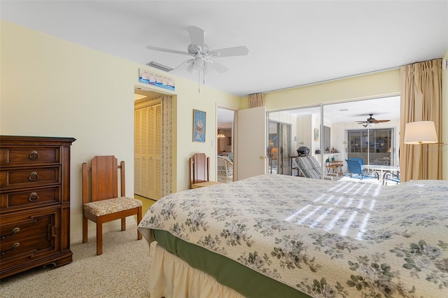 carpeted bedroom with ceiling fan, access to outside, and a closet