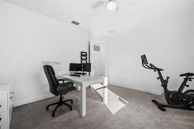 office space featuring carpet and ceiling fan