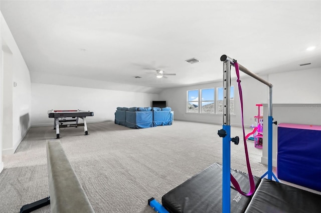 game room featuring ceiling fan and carpet floors