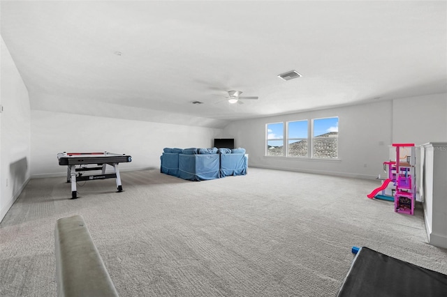 rec room with ceiling fan, light colored carpet, and pool table