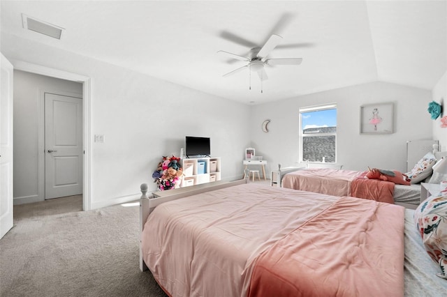 carpeted bedroom with ceiling fan and lofted ceiling