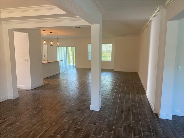 spare room with dark hardwood / wood-style flooring and ornamental molding