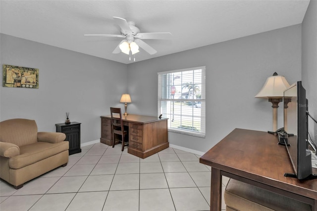 tiled office space with ceiling fan