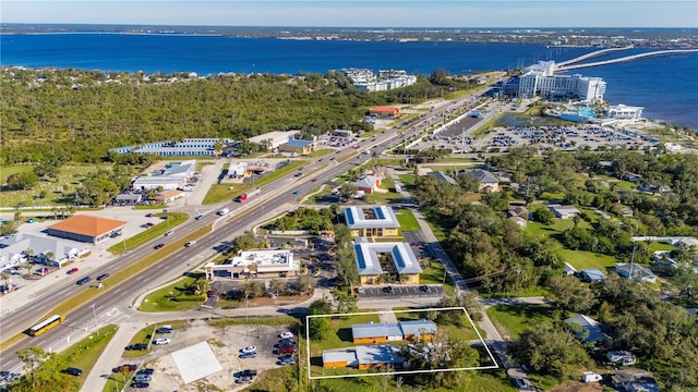 drone / aerial view with a water view