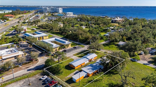 drone / aerial view featuring a water view