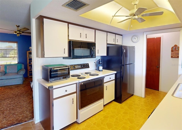 kitchen featuring black appliances, white cabinets, ceiling fan, tasteful backsplash, and light colored carpet