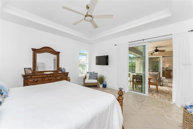 bedroom featuring access to outside, a raised ceiling, ceiling fan, and crown molding