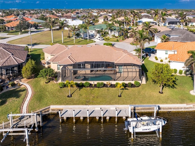 bird's eye view with a water view